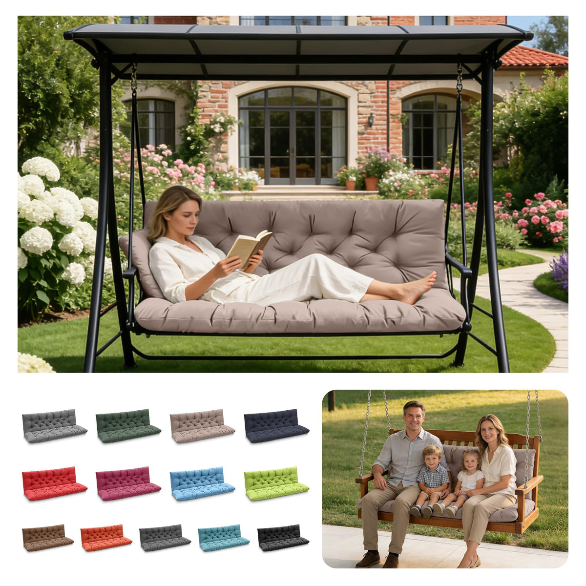 HTQXS 3-Seat Porch Swing Cushion with Backrest